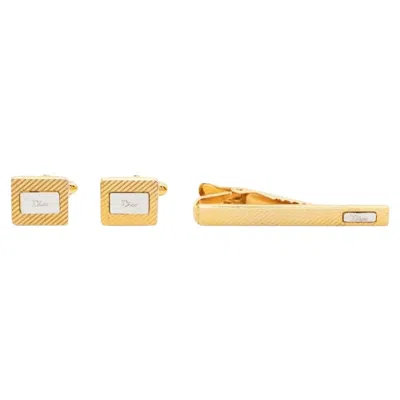 Pre-owned Dior Christian  Gold Tone Logo Stamp Tie Clip And Cufflinks Set In Multi