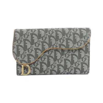 Pre-owned Dior Christian  Gray Green Canvas Long Wallet (tri-fold) () In Gray, Green