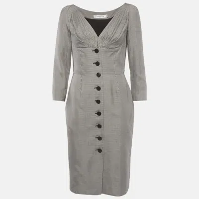 Pre-owned Dior Christian  Grey Houndstooth Jacquard Silk Mid Length Dress M In Gray