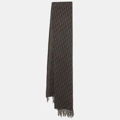 Pre-owned Dior Christian  Grey Oblique Silk Tasseled Scarf In Gray