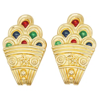 Pre-owned Dior Christian  Haute Couture Iconic Large Green Red Navy Relief Vase Earrings