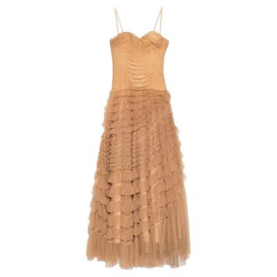 Pre-owned Dior Christian  Haute Couture Women's Beige Strapless Maxi Gown With Tulle Detail In Brown