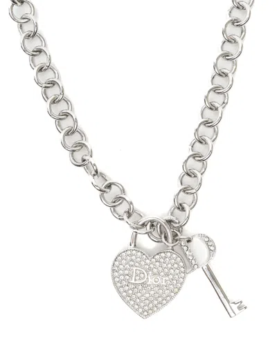Dior Christian  Heart Lock Key Rhinestone Necklace In Silver
