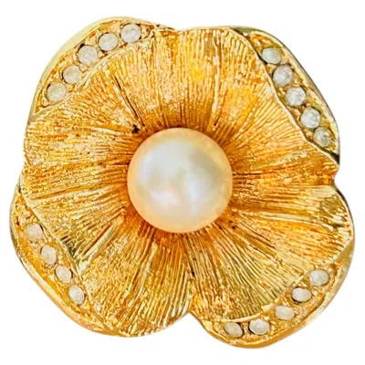 Pre-owned Dior Christian  Iconic Unisex Gold White Pearl Crystals Flower Clover Pin Brooch