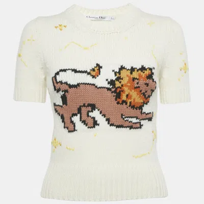 Pre-owned Dior Christian  Ivory Lion Intarsia Rib Knit Sweater S In White