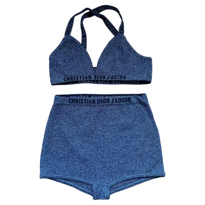 Pre-owned Dior Christian  J'a Logo Knit Two-piece Set – Bra Top & High Waist Shorts In Blue