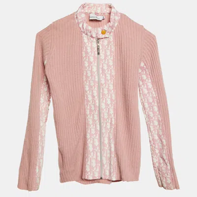 Pre-owned Dior Christian  Kid Vintage Pink Rib Knit Wool Trotter Print Paneled Cardigan 10 Yrs