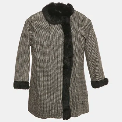 Pre-owned Dior Christian  Kids Black Houndstooth Real Fur Trim Jacket 8yrs In Gray