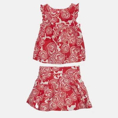Pre-owned Dior Christian  Kids Red Floral Print Cotton Set 3yrs/4yrs