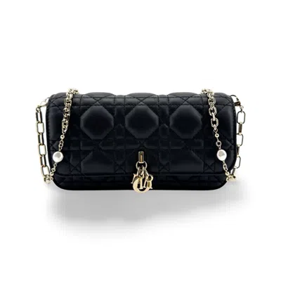 Pre-owned Dior Christian  Lady  Chain Phone Cannage Quilt Lambskin Black Leather Clutche & Pouche Bag (pre-