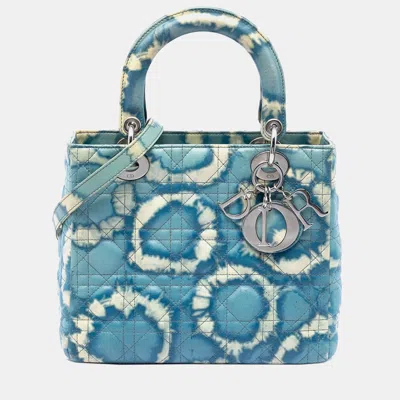 Pre-owned Dior Christian  Lady  Medium Blue White Tie Dye Calfskin Leather Top Handle Bag