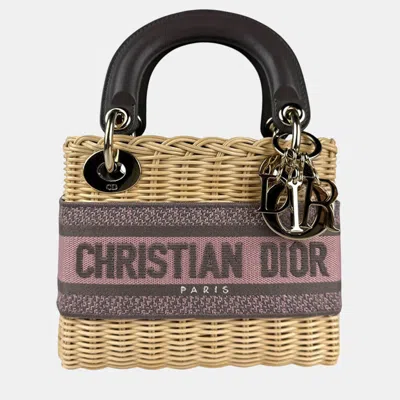 Pre-owned Dior Christian  Lady Straw Canvas Handbag Shoulder Bag In Natural Pink Gray And Gold