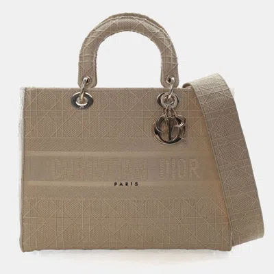 Pre-owned Dior Christian  Large Embroidered Canvas Cannage Lady D-lite In Sand
