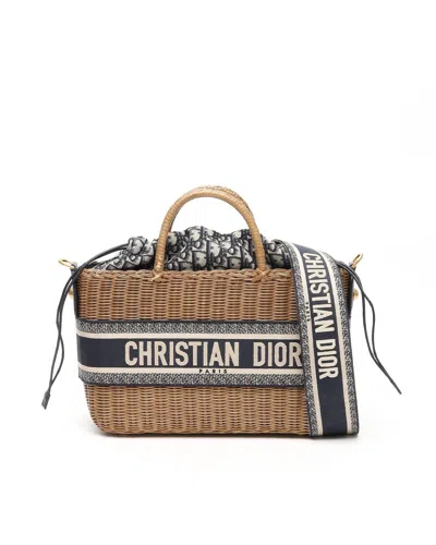 Dior Christian  Large Oblique Jacquard Wicker Basket Bag In Multi