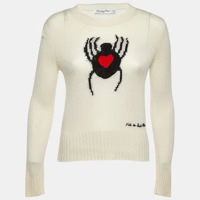 Pre-owned Dior Christian  Light Cream Intarsia Knit Sweater S In White