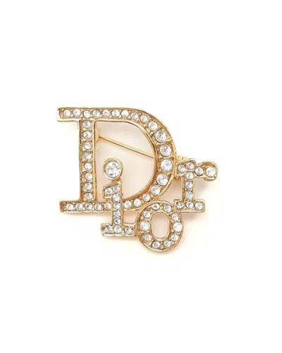 Dior Christian  Logo Rhinestone Brooch In Gold