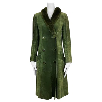 Pre-owned Dior Christian  Long Suede Olive Double Breasted Coat With Fur Collar 1970 In Black