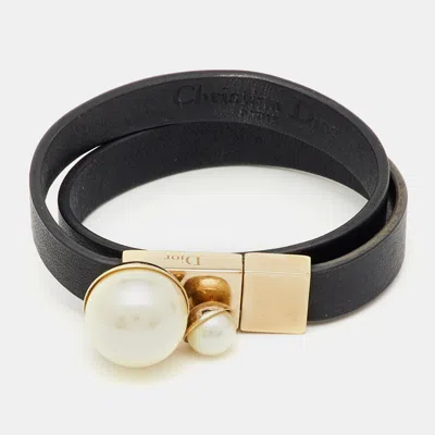 Pre-owned Dior Christian  Mise En  Black Leather Faux Pearl Gold Tone Double Wrap Bracelet S