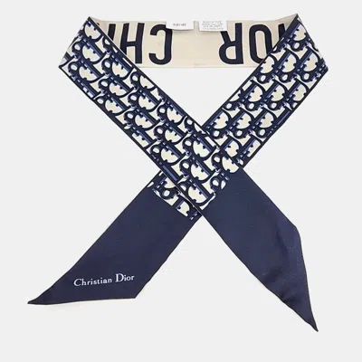 Pre-owned Dior Christian  Mitzah Beige/navy Blue Silk Scarf In Sand