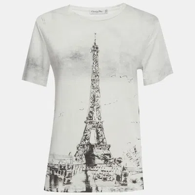 Pre-owned Dior Christian  Monochrome Eiffel Tower Print Jersey T-shirt Xs In White