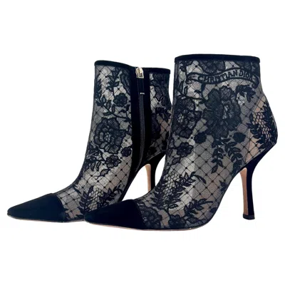 Pre-owned Dior Christian  Naughtily-d Transparent Mesh Floral Embroidered Heeled Boots 37 In Black