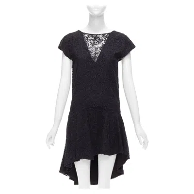 Pre-owned Dior Christian  Navy Black Lace Overlay V Back See Through Ruffle Hem Dress In Blue