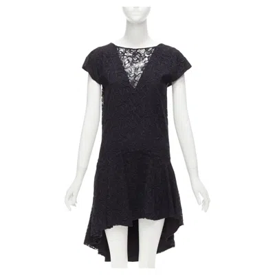 Pre-owned Dior Christian  Navy Black Lace Overlay V Back See Through Ruffle Hem Dress In Blue