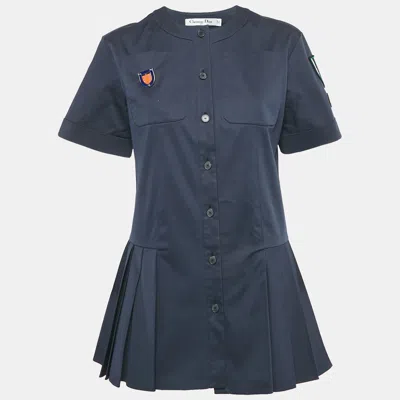 Pre-owned Dior Christian  Navy Blue Applique Detail Pleated Mini Dress M