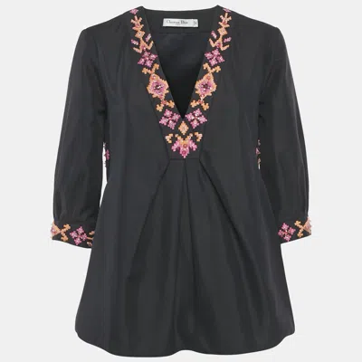 Pre-owned Dior Christian  Navy Blue Embellished Cotton Silk Blouse M
