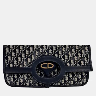 Pre-owned Dior Christian  Navy Blue Fabric Oblique Folding Clutch M8604ctzq