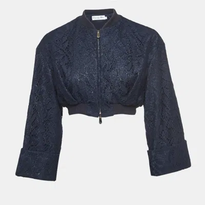 Pre-owned Dior Christian  Navy Blue Floral Lace Cropped Jacket M