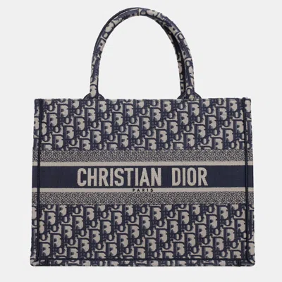 Pre-owned Dior Christian  Navy Blue/ Off White Medium Oblique Book Tote Bag
