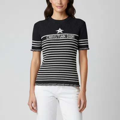 Pre-owned Dior Christian  Navy Blue Rib Knit Stripe J'a Short Sleeved Sweater S