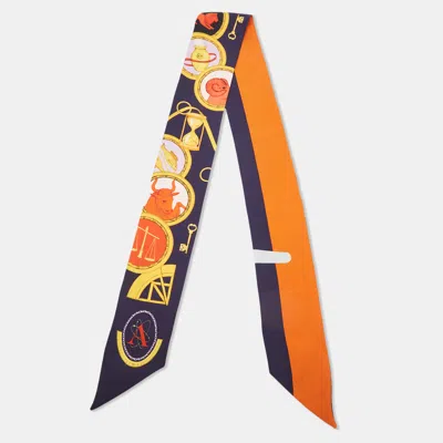 Pre-owned Dior Christian  Navy Blue/orange Astrologie Print Silk Mitzah Scarf