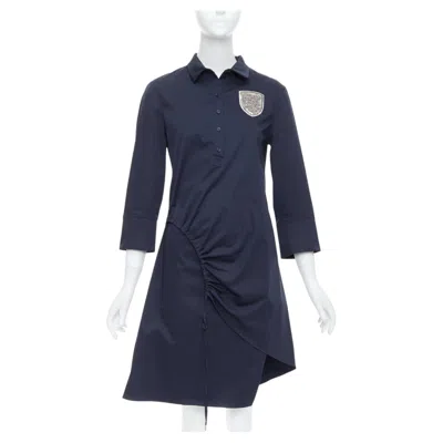 Pre-owned Dior Christian  Navy Cotton Beaded Crest Badge Button Down Dress Fr36 S In Blue