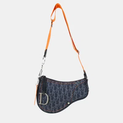 Pre-owned Dior Christian  Navy Denim Trotter Flight Saddle Shoulder Bag In Blue