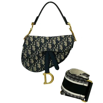 Pre-owned Dior Christian  Navy Leather Canvas Saddle Bag Shoulder Bag ()