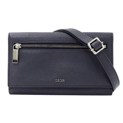 Pre-owned Dior Christian  Navy Leather Chain/shoulder Wallet () In Blue