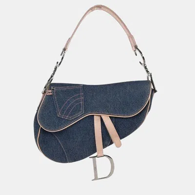 Pre-owned Dior Christian  Navy Pink Denim Saddle Handbag In Blue
