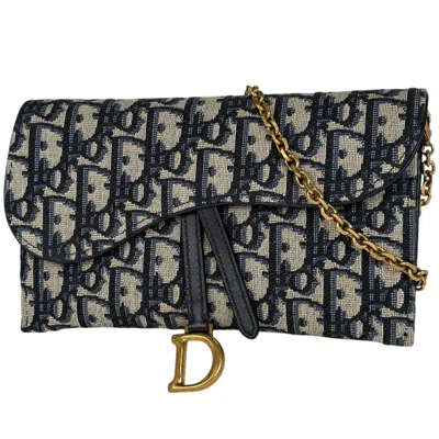 Pre-owned Dior Christian  Navy Trotter Canvas Leather Chain/shoulder Wallet () In Blue