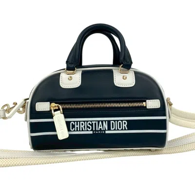 Pre-owned Dior Christian  Navy White Leather Handbag Shoulder Bag () In Multi
