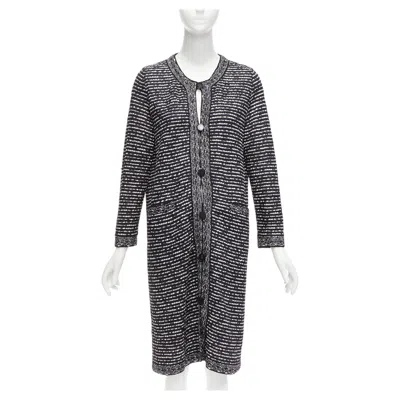 Pre-owned Dior Christian  Navy White Light Weave Cd Logo Button Long Coat Fr42 Xl