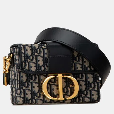 Pre-owned Dior Christian  Oblique 30 Montaigne Crossbody Shoulder Bag Navy Beige Leather Jacquard In Sand