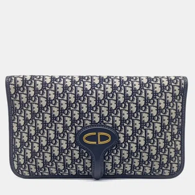 Pre-owned Dior Christian  Oblique Beige/navy Blue Canvas Folding Clutch Ghw In Sand