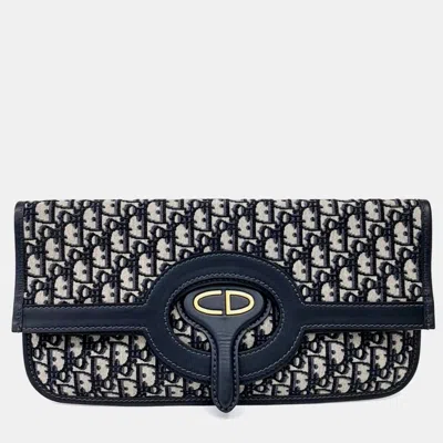 Pre-owned Dior Christian  Oblique Beige/navy Blue Canvas Folding Clutch M8604
