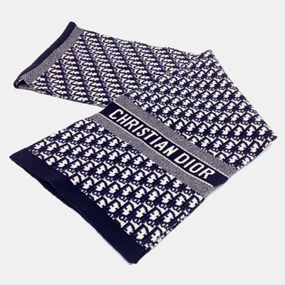 Pre-owned Dior Christian  Oblique Beige/navy Blue Cashmere Silk Scarf In Sand