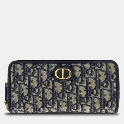 Pre-owned Dior Christian  Oblique Beige/navy Blue Coated Canvas Long Wallet S2094utzq In Sand
