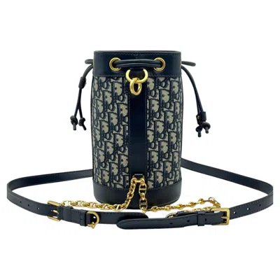 Pre-owned Dior Christian  Oblique Canvas Leather Small Drawstring Backpack Bucket Bag Chip In Black