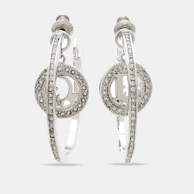 Pre-owned Dior Christian  Oblique Crystals Silver Tone Earrings