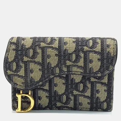 Pre-owned Dior Christian  Oblique Saddle Beige/navy Blue Canvas Card Holder S5611ctzq